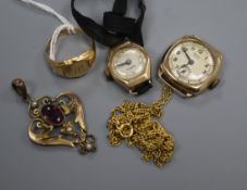 An 18ct gold signet ring, two 9ct gold watches, etc.