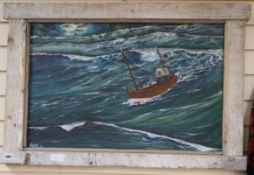 Danny Ager (20th C), oil on canvas, Trawler in high seas, signed and dated '03, 50 x 75cm