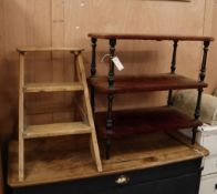 A Victorian ebonised etagere together with set of pine steps Etagere W.68cm