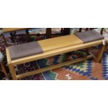 A De La Espada oak window seat, with suede covered cushions L.150cm