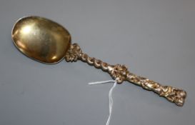 An antique continental gilt white metal spoon, the top of handle possibly 17th century? 18.8cm.