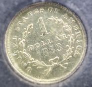 U.S. milled coinage, a gold one dollar, 1853,