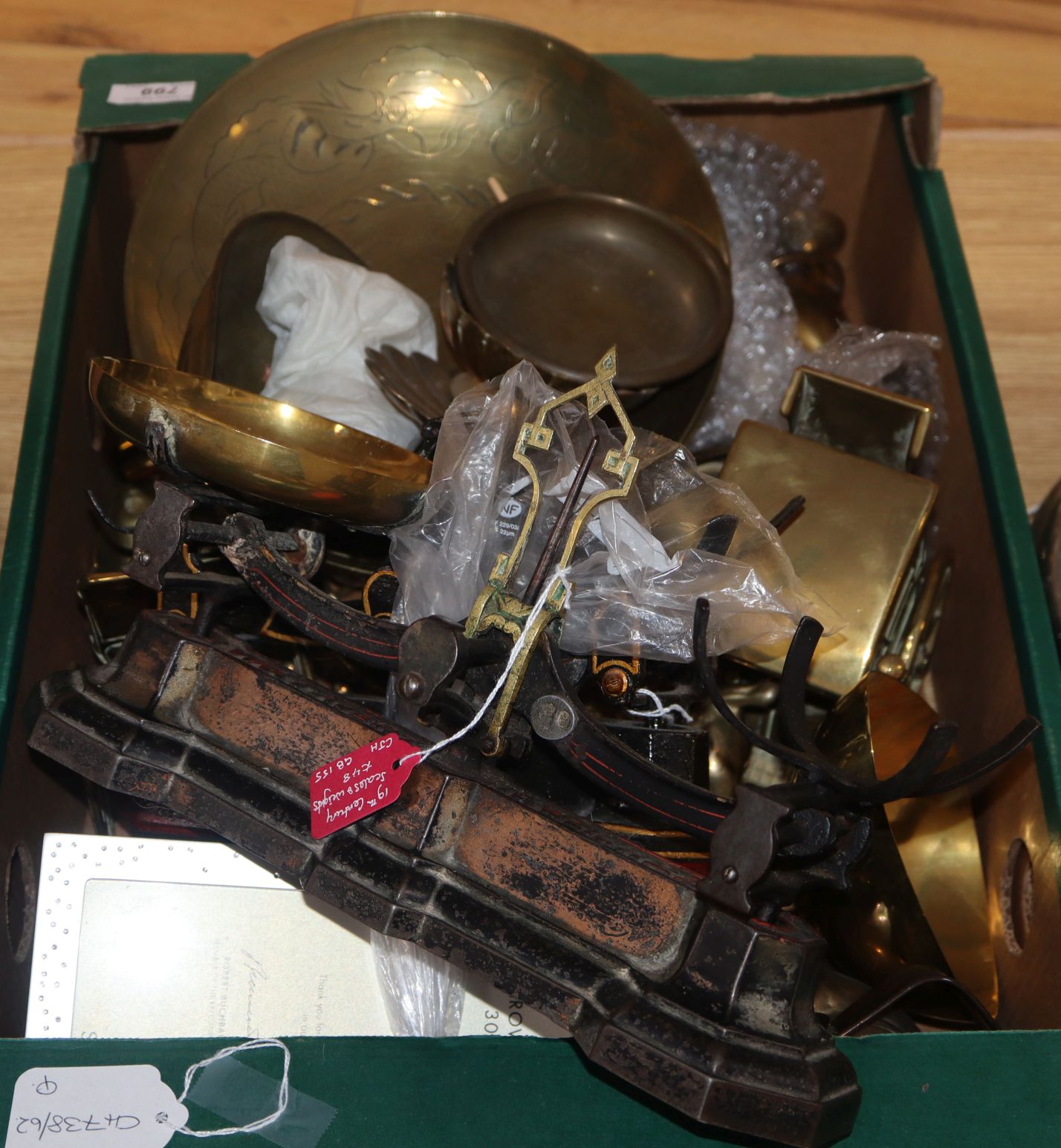 Two brass and iron kitchen scales and mixed brassware