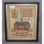 A late 19th/early 20th century American sampler, 'Capitol Williamsburg, VA' overall 39 x 33cm