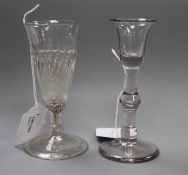 A Georgian flammiform wrythen-moulded ale glass on shallow conical folded foot and a cordial glass