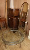 A contemporary gilt metal cheval mirror and a circular glass top table (2) Table 95cm diameter