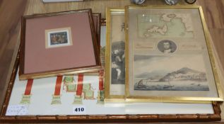 Various prints including a map of the Island of Elba with portrait of Bonaparte, 34 x 21.5cm