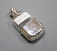 A Victorian silver mounted glass hip flask by James Dixon & Sons, Sheffield, 1889, 13.5cm.