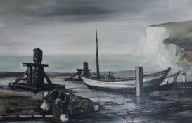 Franc, oil on canvas, Beached fishing boat, signed and dated '63, 65 x 100cm, unframed