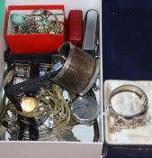 A Victorian style silver 'buckle' bangle, sundry costume jewellery, various wristwatches, pocket