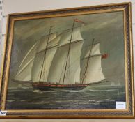 English School c.1900, oil on canvas, Schooner at sea, 44 x 54cm