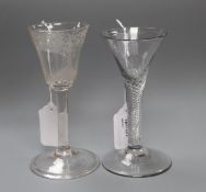 Two 18th century wine glasses, one with funnel bowl engraved with an apple tree, on plain stem and