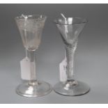 Two 18th century wine glasses, one with funnel bowl engraved with an apple tree, on plain stem and