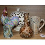 A Wedgwood pearlware pierced basket, a pottery vase, a jug and a cockerel