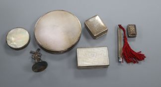 A 19th century white metal and mother of pearl snuff box, a silver compact and five other items