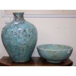 A Persian style turquoise crackle glass ovoid shaped vase and a similar bowl vase height 59cm