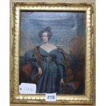 Manner of Chalon, oil on canvas, Portrait of an elegant young woman in a blue gown, oval, 25.5 x