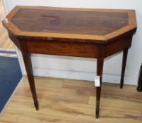 A George II mahogany and satinwood banded folding card table W.92cm