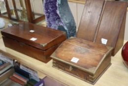 A Victorian oak stationery box, a brass bound hardwood box and a Victorian brass bound walnut