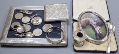 Mixed silver and other items including two photograph frames, Irish silver teaspoon, Dutch