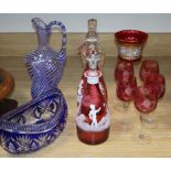 Two Mary Gregory decanters, Turkish glass jug and vase, cranberry glasses etc