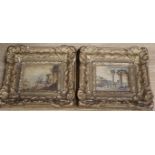 Italian School, pair of oils on copper, Scenes of figures in ports with ruins, 9.5 x 11.5cm