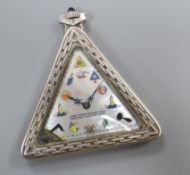 A nearly 20th century silver and mother of pearl Masonic triangular pocket watch, the moment