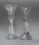 A Georgian pan top wine glass with air twist stem and another glass with bell bowl on inverted