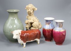 A Beswick bull, a pair of vases, a Chinese vase and a dog of fo