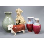 A Beswick bull, a pair of vases, a Chinese vase and a dog of fo