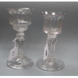 Two 18th century sweetmeat glasses, each with bell-shaped bowl and wrythen Silesian stem, one with