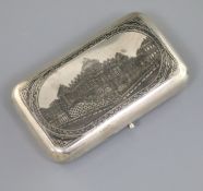 A 19th century Russian 84 zolotnik silver and niello cigarette case, decorate with scene of