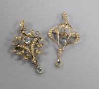 Two Edwardian 9ct, seed pearl and aquamarine set drop pendant brooches, approx. 48mm.