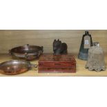 Mixed Asian artefacts including a wooden carving of a horse, copper dish, etc.