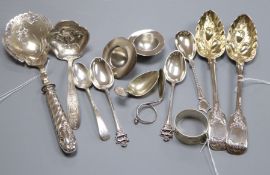 A pair of later-embossed Victorian silver berry spoons and sundry items, including an