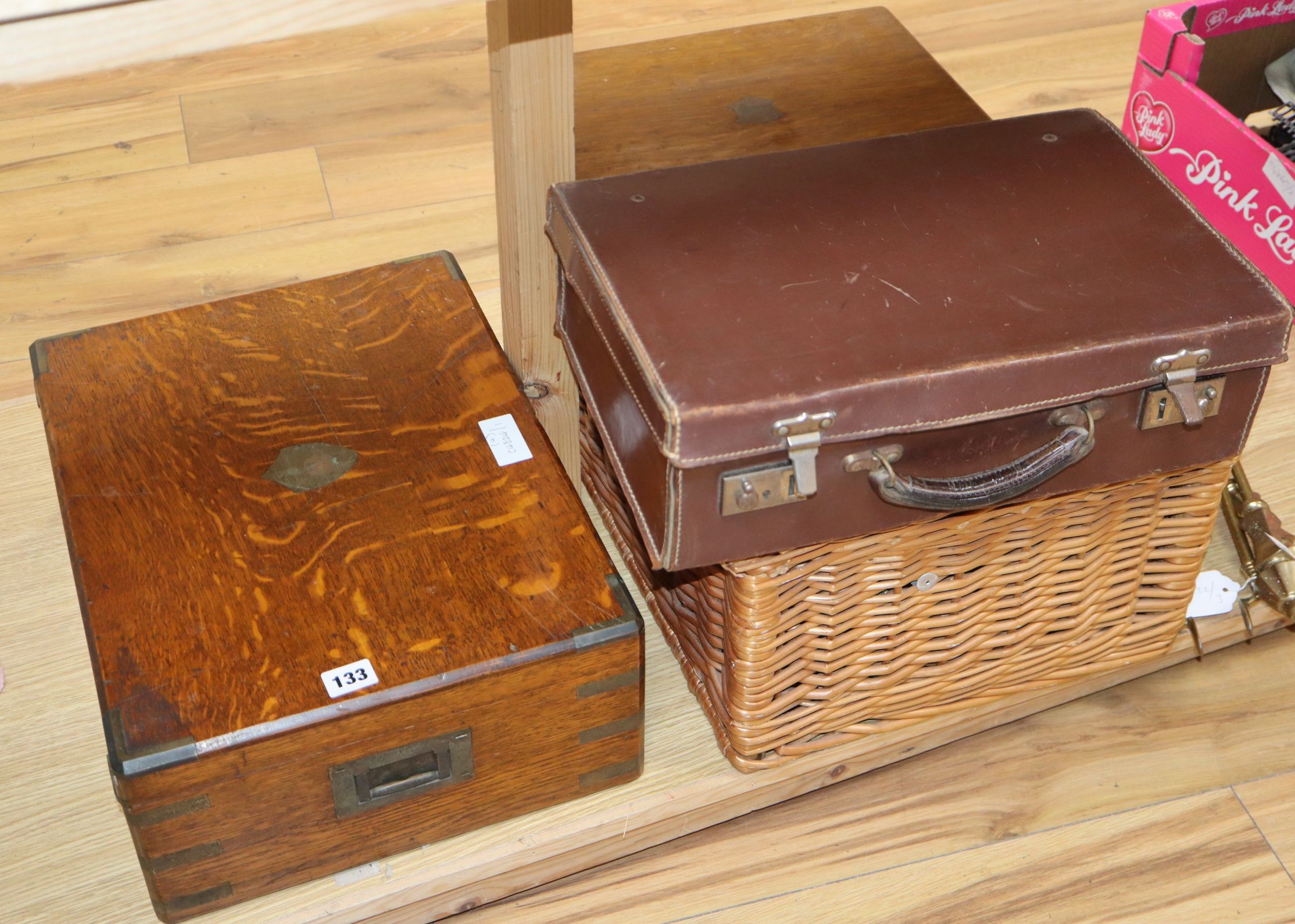Two Victorian oak cutlery boxes, hamper and document box