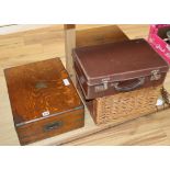 Two Victorian oak cutlery boxes, hamper and document box