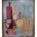 After Braques, oil on canvas, Cubist style still life, the reverse with a partial portrait a nude