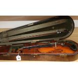 A late 19th/early 20th century English (?) violin with Bausch bow and Victorian burr walnut case