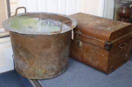 A copper copper and two tin trunks and sundries copper Diam. 68cm