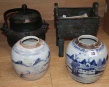 A Chinese bronze fang ding, a Chinese bronze wine vessel and two blue and white jars