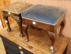 An oak dresssing stool with pad feet and another with claw and ball feet larger W.19cm