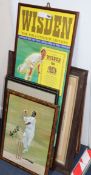 Three old cricketing photos, Spy prints, a Wisdens advertising print and an autographed painting