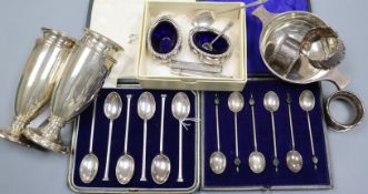 A silver two-handled dish, two sets of cased spoons, a pair of silver vases (weighted) and sundry