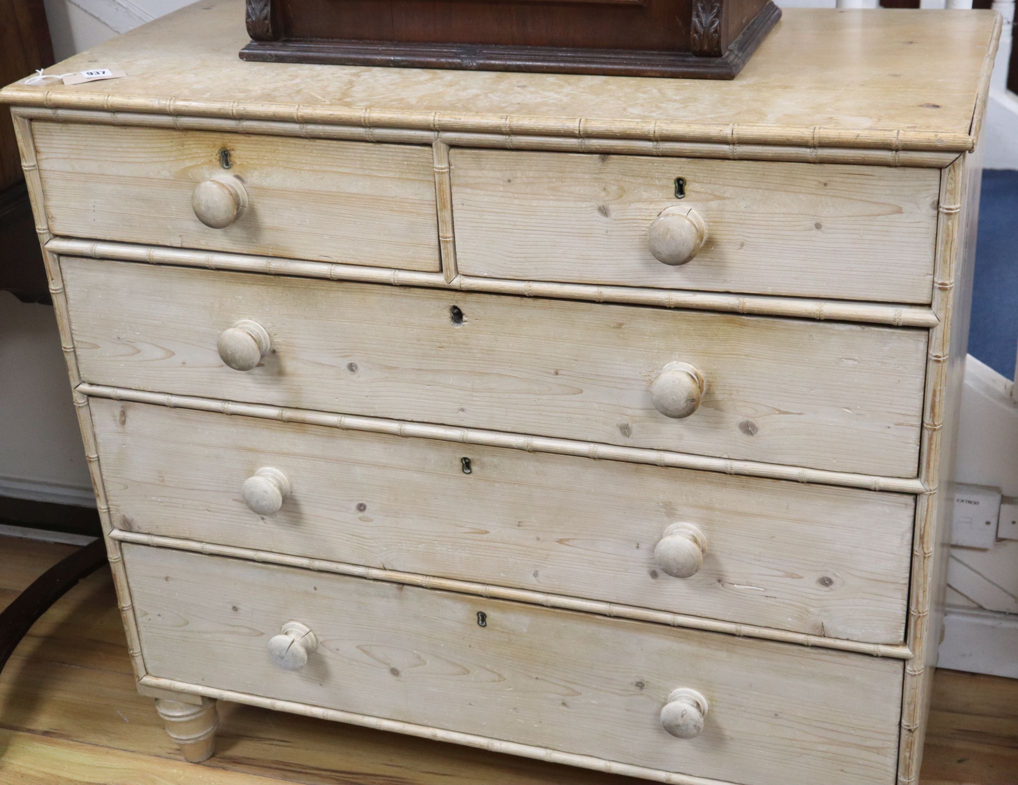 A Victorian pine faux bamboo chest of drawers W.106cm