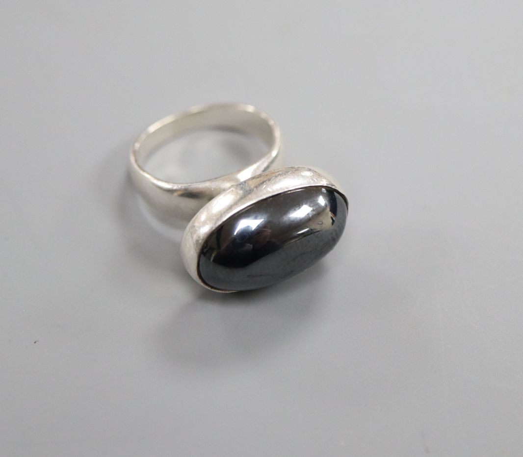 A George Jensen 925S and hematite set dress ring, design no. 123B, size F.