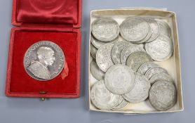 A boxed silver medal and collection of pre-1947 coins