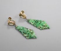 A pair of yellow metal, carved jadeite and citrine set drop earrings, 43mm