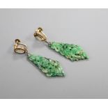 A pair of yellow metal, carved jadeite and citrine set drop earrings, 43mm