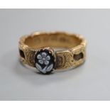 A 19th century 12ct gold and sardonyx cameo set mourning ring, the shank with plaited hair, size O.